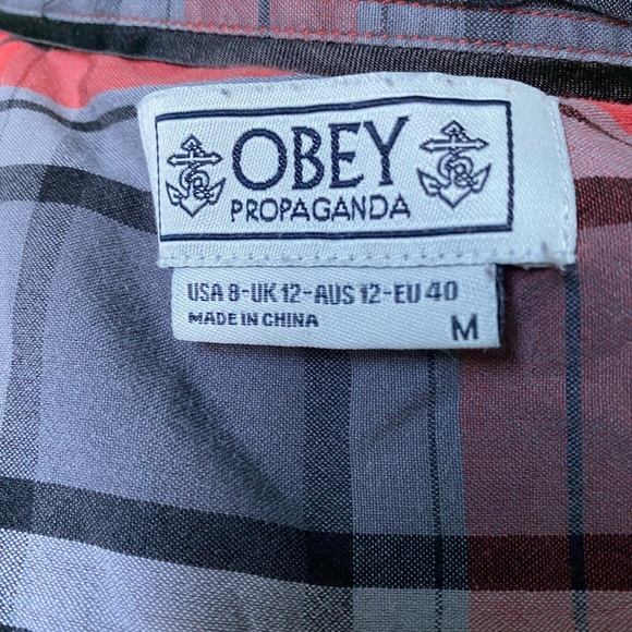 Obey Women’s red grey plaid collared button down shirt / size medium small - Picture 6 of 8